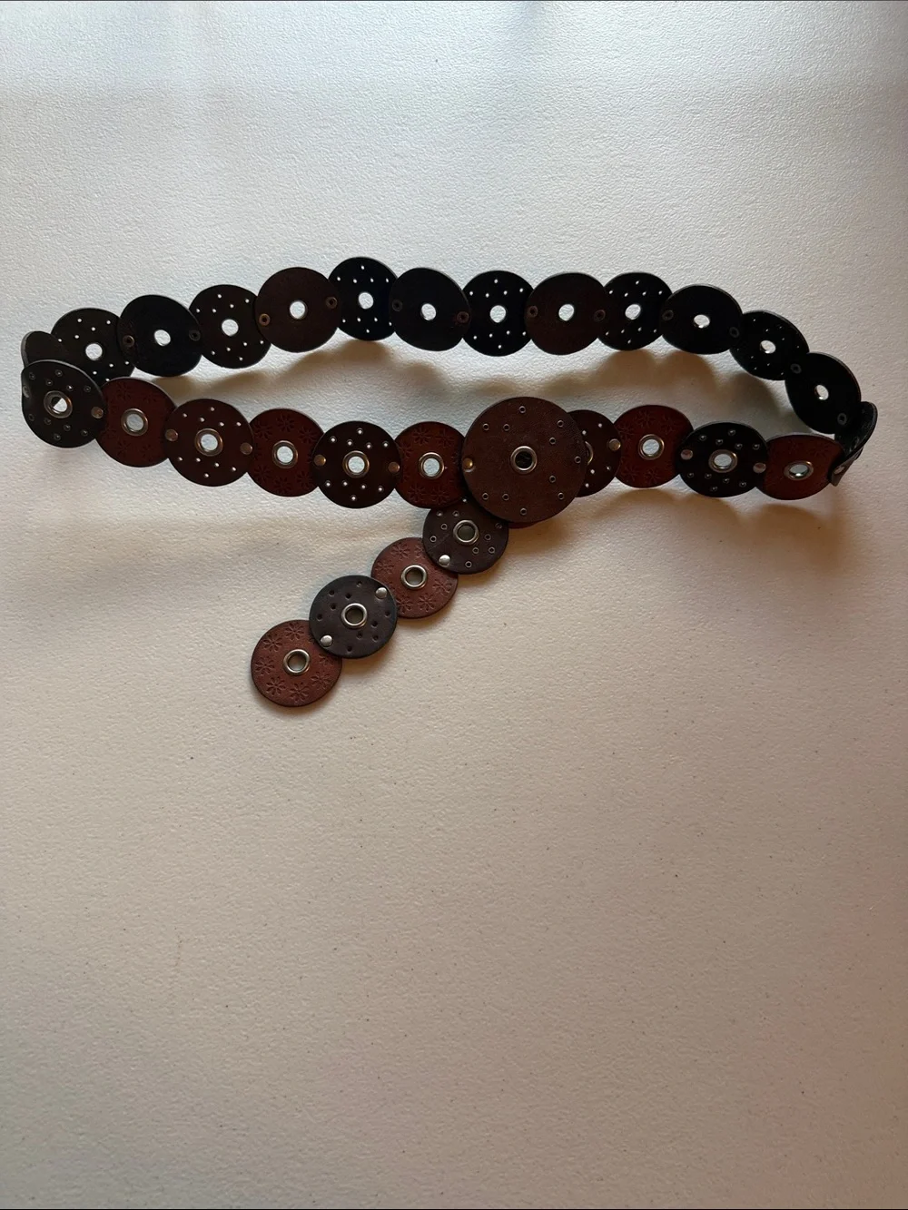 Round Leather Boho Disc Belt in Dark Brown and Black Size Medium/Large